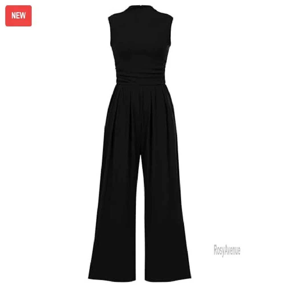 Sleeveless Mock Neck Wide Leg Jumpsuit with Pockets - Ribbed Knit